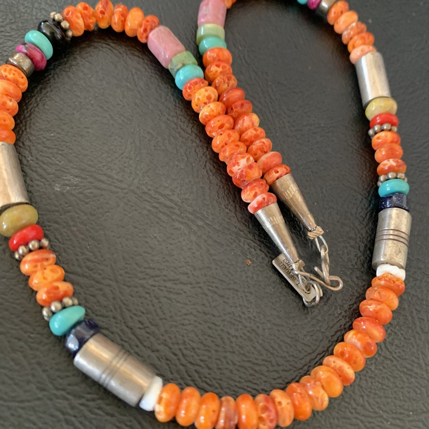 Turquoise Spiny Oyster & Coral Beads Sterling Silver Gold Necklace 10393