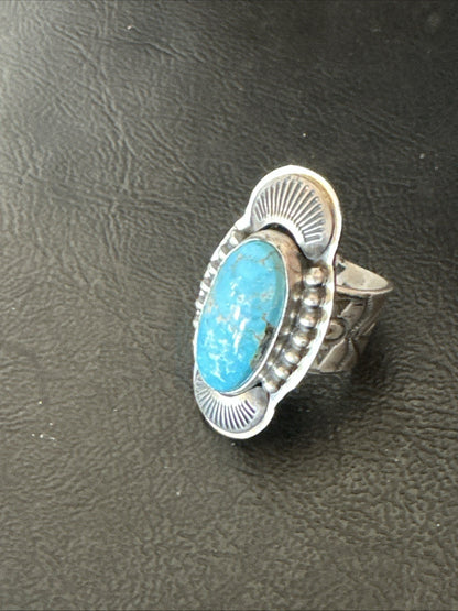 WoMens Blue Kingman Turquoise Navajo Sterling Silver Adjustable Ring Sz 8 19421