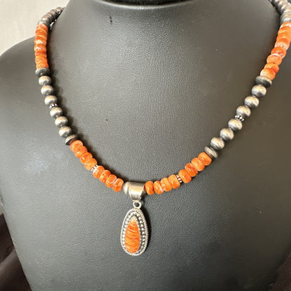 Orange Spiny Oyster Navajo Pearls Sterling Silver Necklace Pendant 18678