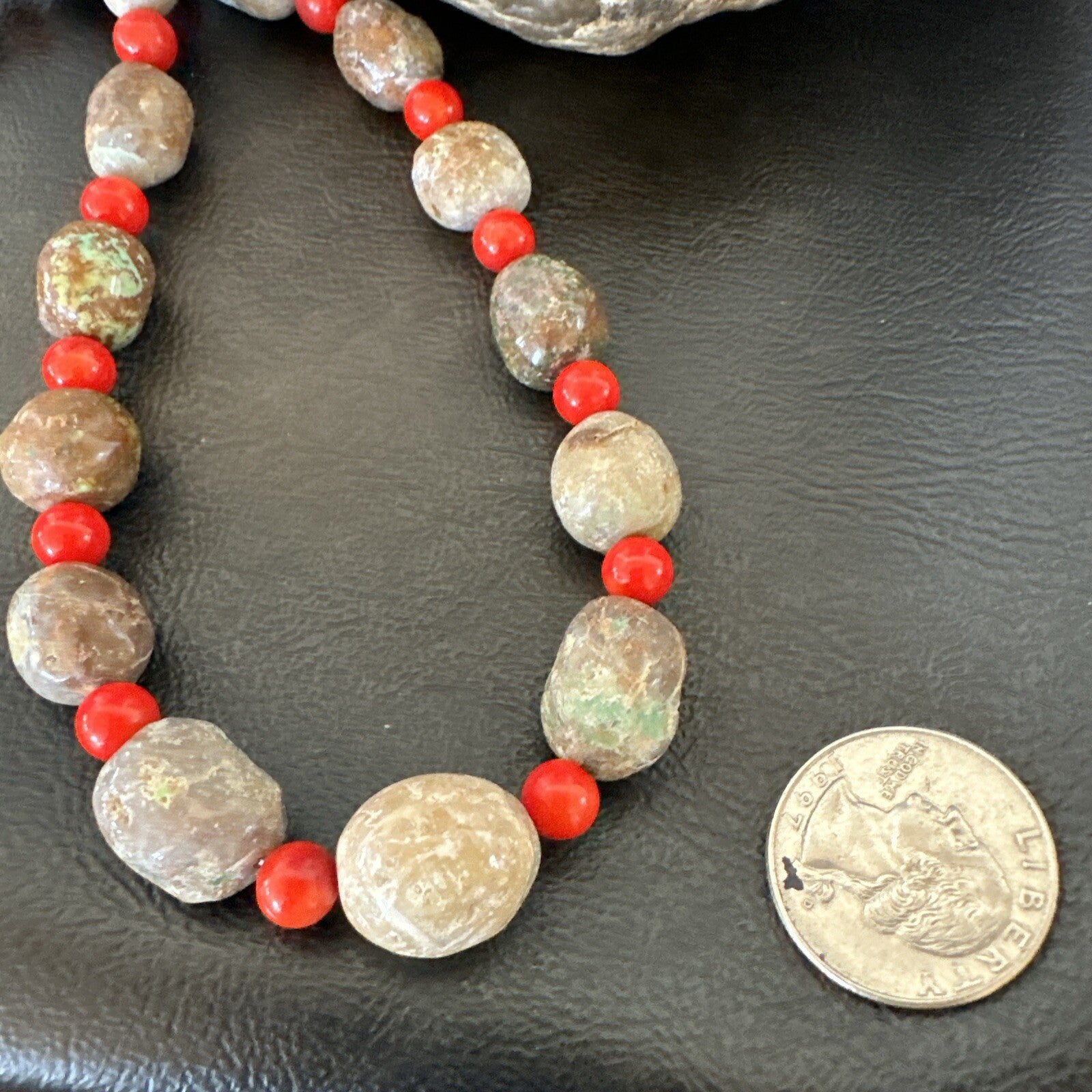 Rustic Turquoise Red Coral Navajo Pearls Sterling Silver Necklace 24" 18320