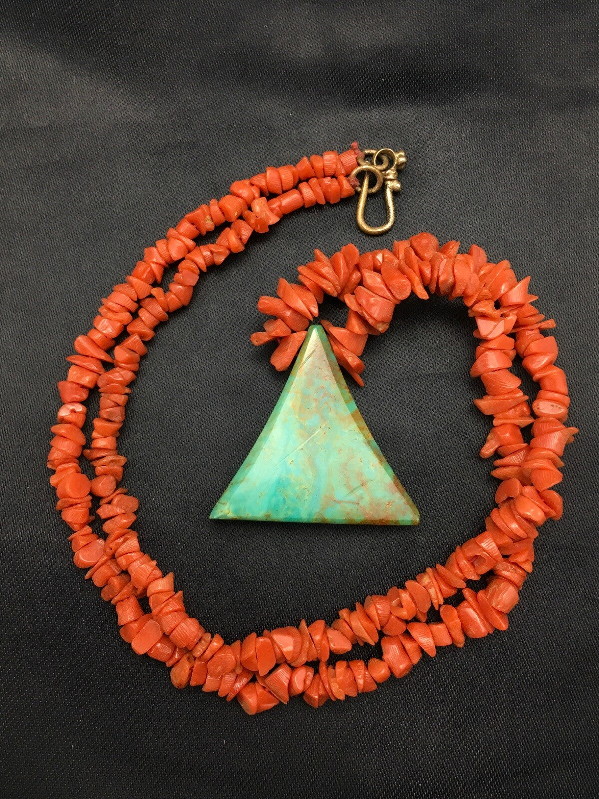 Native Kingman Turquoise Pendant Coral Brass Old Pawn Necklace 19" 04029