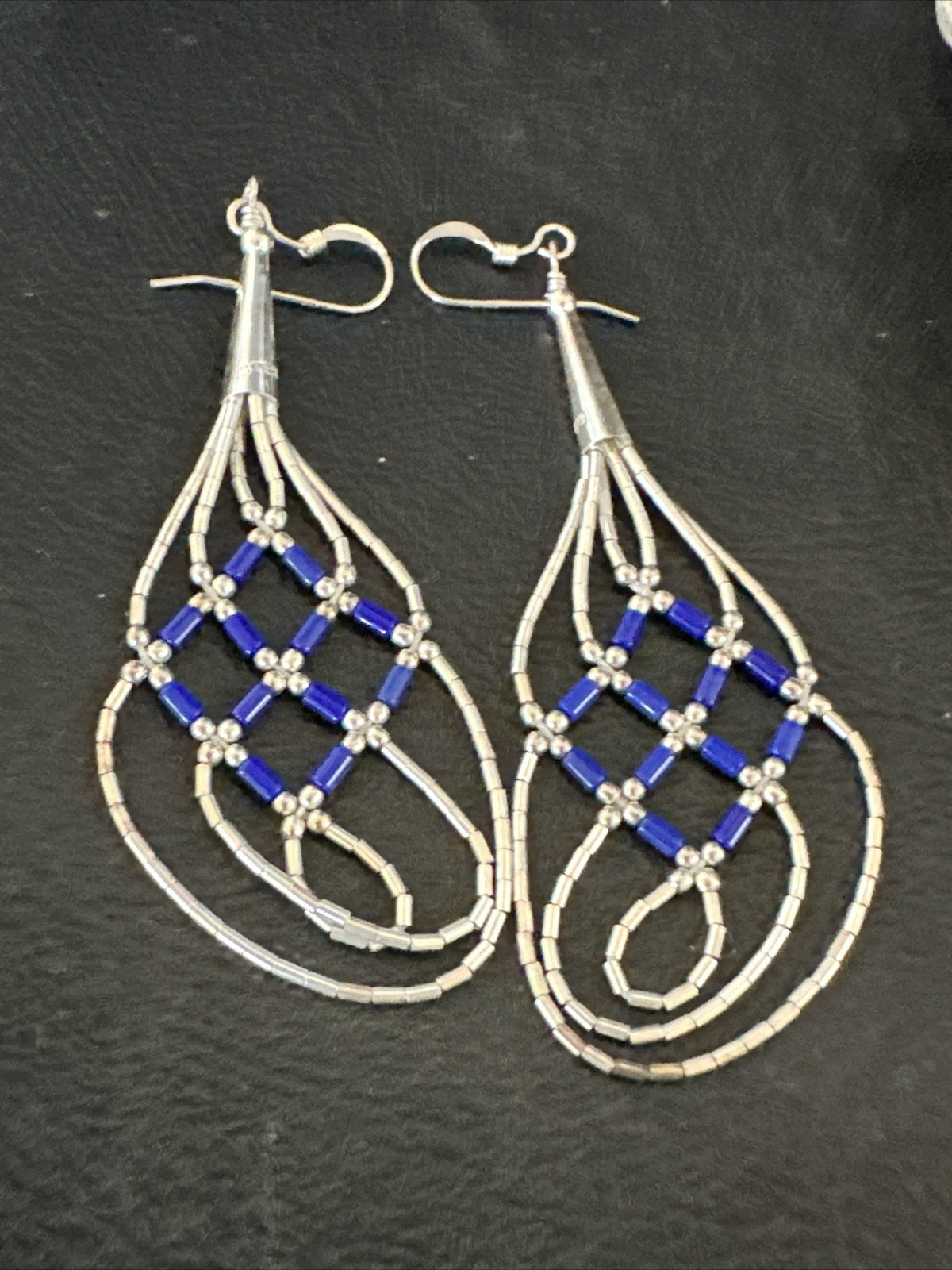 Blue Lapis 3 Strand Heishi Liquid Sterling Silver Dangle Earrings 17737