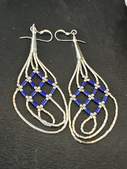 Blue Lapis 3 Strand Heishi Liquid Sterling Silver Dangle Earrings 17737