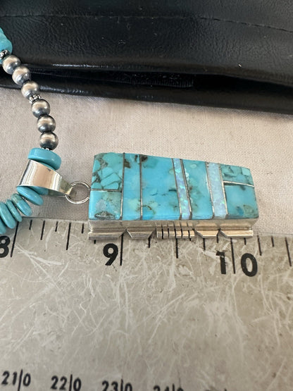 Blue Turquoise Opal Inlay Pendant Navajo Sterling Silver Necklace 19512