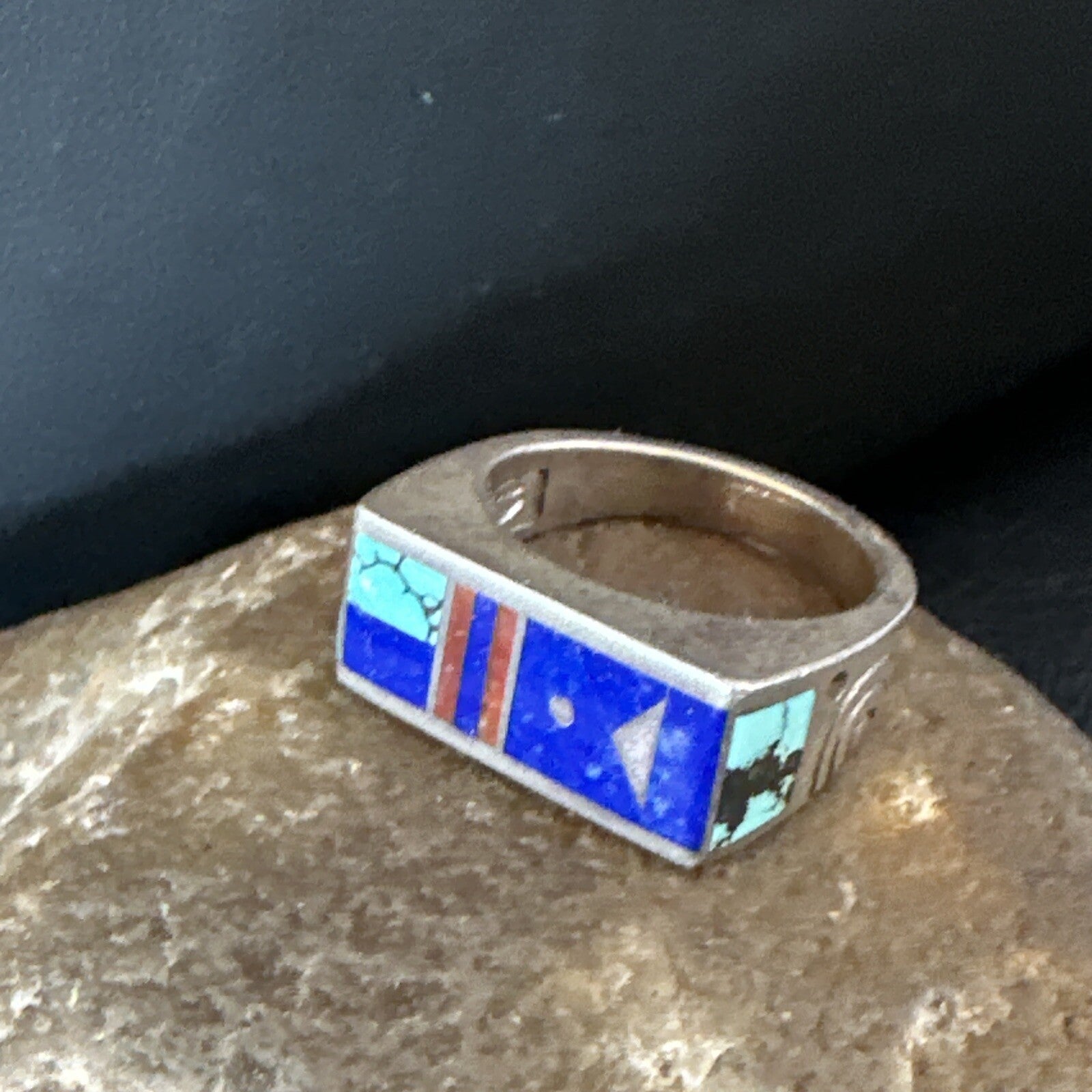 Mens Inlay Navajo Sterling Silver Lapis Blue Spiderweb Turquoise Ring Sz 8 15915