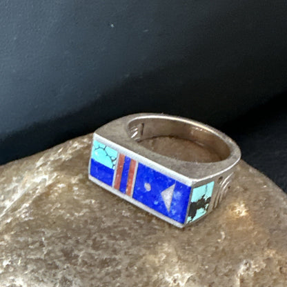 Mens Inlay Navajo Sterling Silver Lapis Blue Spiderweb Turquoise Ring Sz 8 15915