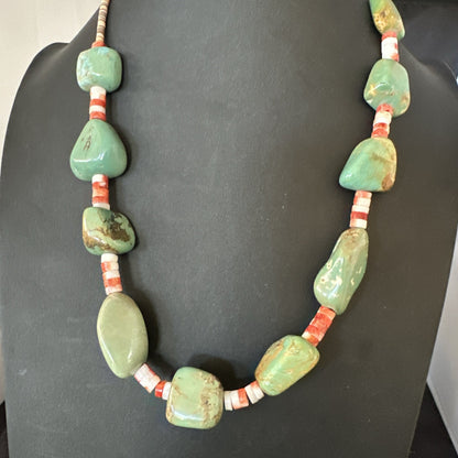 Navajo Green Turquoise Red Spiny Oyster Necklace Sterling 23" 19717