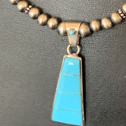 Blue Turquoise Inlay Pendant Navajo Pearls Sterling Silver Necklace 12614