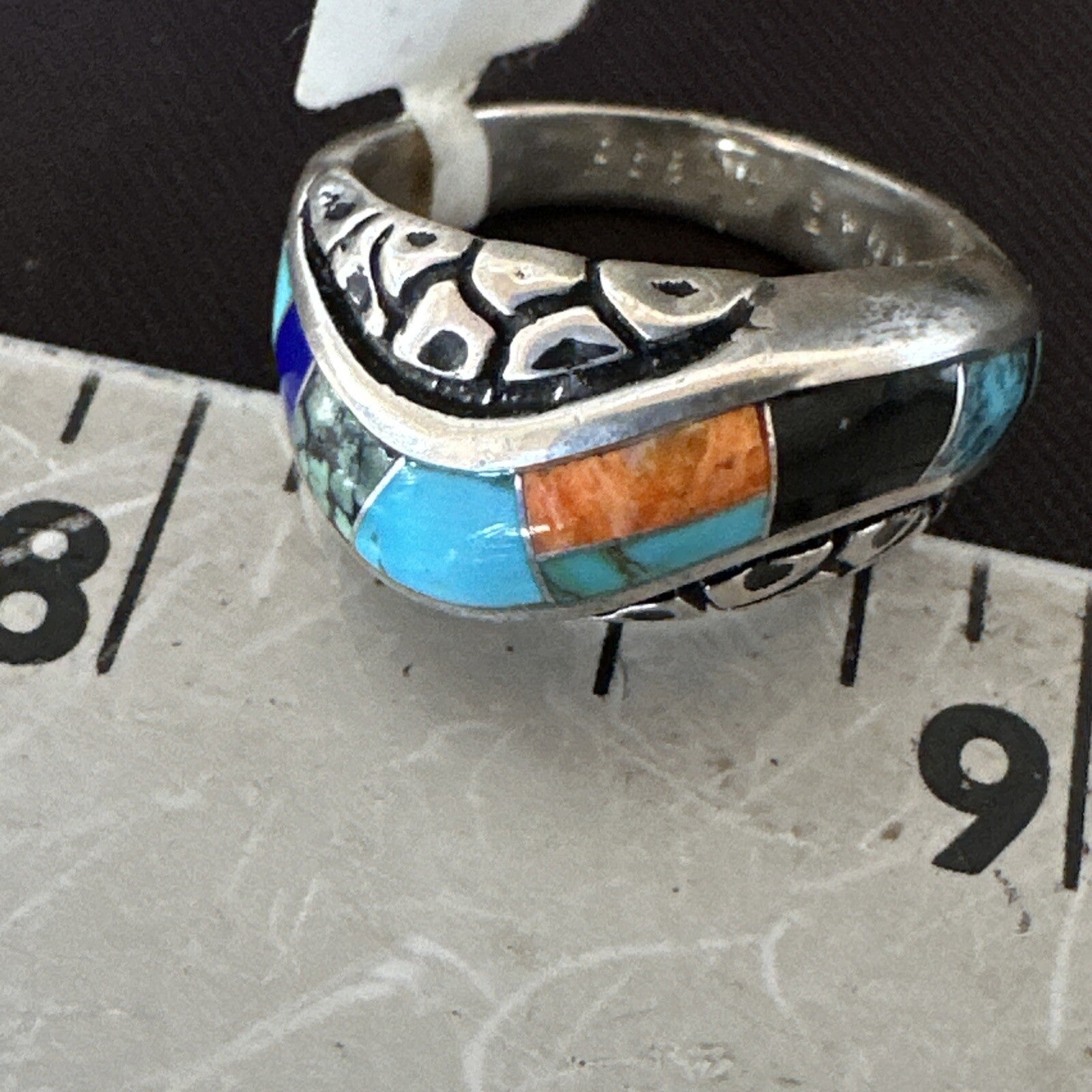 MultiColor Navajo Sterling Turquoise Spiny Oyster Inlay Ring Sz 6.5 18708