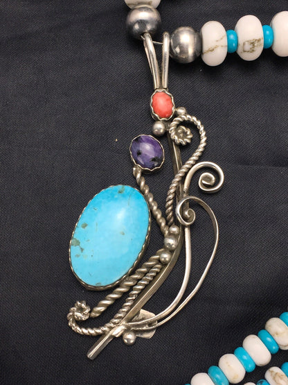 Kingman Turquoise Pendant Navajo Sterling Silver Necklace 03043