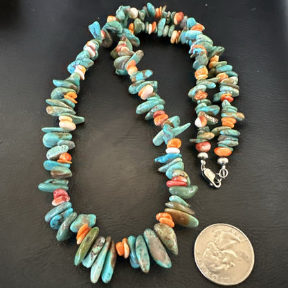 Green Turquoise Orange Spiny Oyster Nugget Sterling Silver Necklace 22” 18162