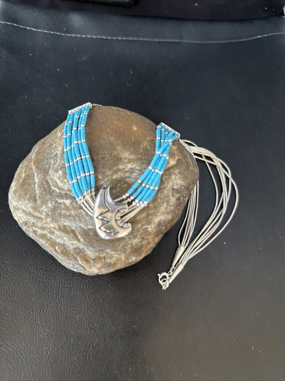 Bear Pendant Turquoise 5 Strand Heishi Liquid Sterling Silver Necklace 14822