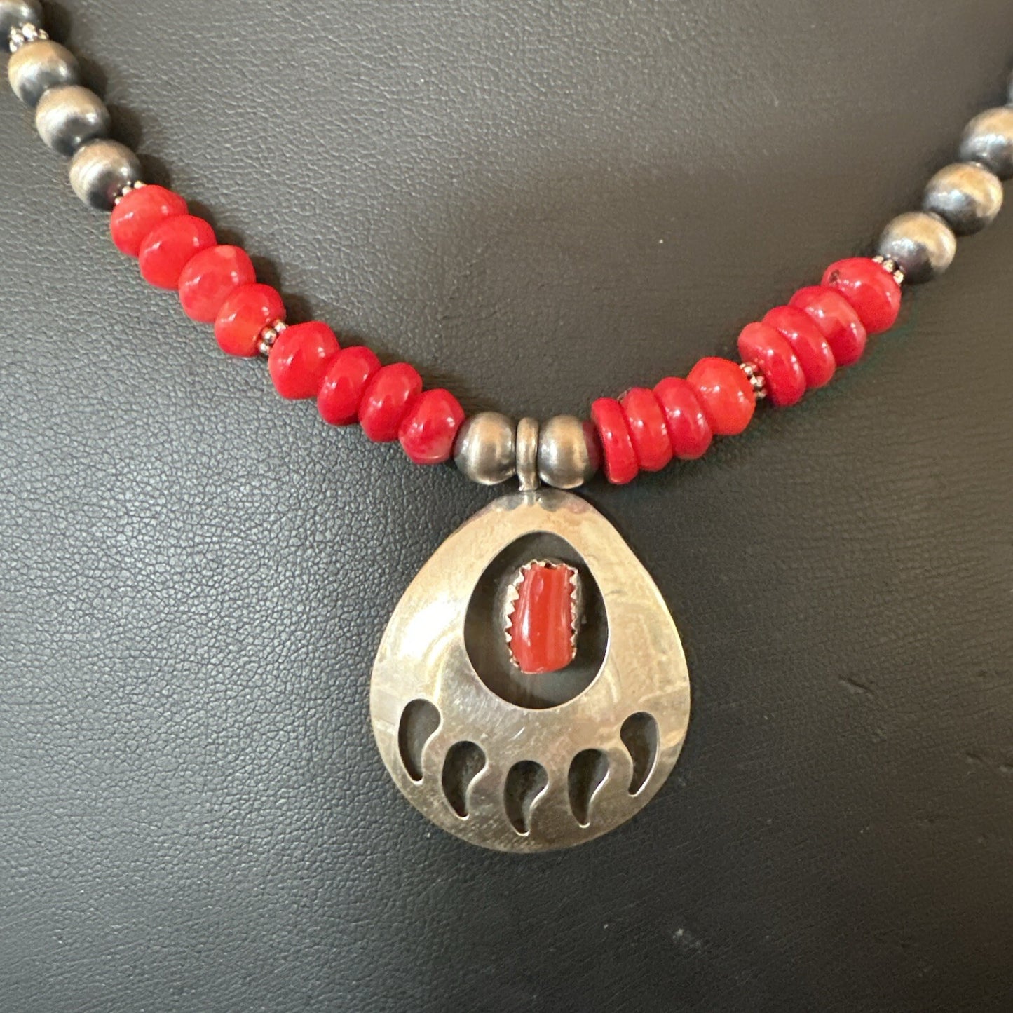 Red Coral BearPaw Inlay Pendant Navajo Pearls Sterling Silver Necklace 21" 18058