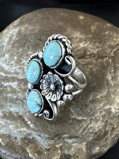 Yazzie Ring Blue Turquoise Navajo Sterling Silver Cluster Size 8.5 19226