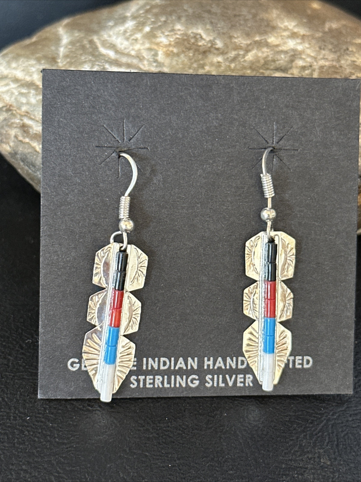 Lapis, Opal, Coral Navajo Sterling Silver Inlay Earrings 1.5” 14770