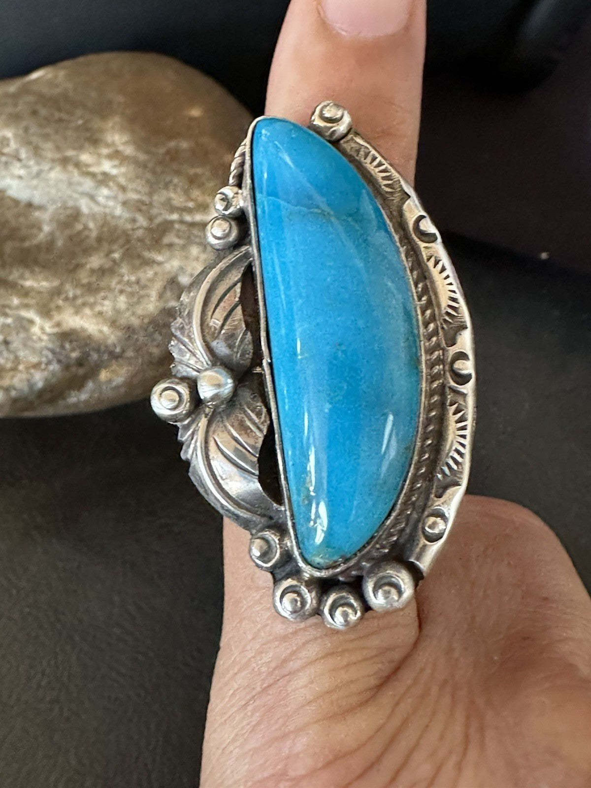 XL Blue Kingman Turquoise  Native American Sterling Silver Ring Size 9 19403