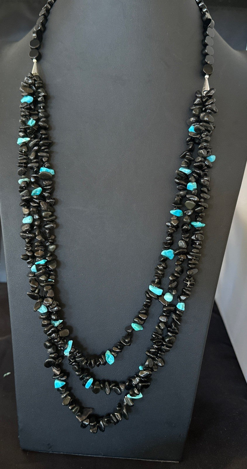Sterling NAVAJO Black Onyx Blue Turquoise 3S Silver Necklace 30” 19577