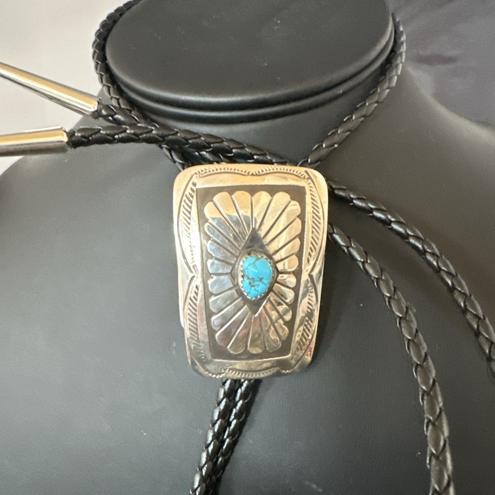 Mens Blue Kingman Turquoise Stamped Navajo Sterling Silver Bolo Tie 2” 19302