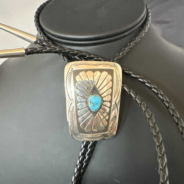 Men's Blue Kingman Turquoise Stamped Navajo Bolo Tie 2" | Sterling Silver | Authentic Native American Handmade | 19302