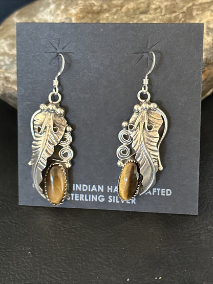 Coffee Tiger's Eye Navajo Sterling Silver Dangle Earrings 14759