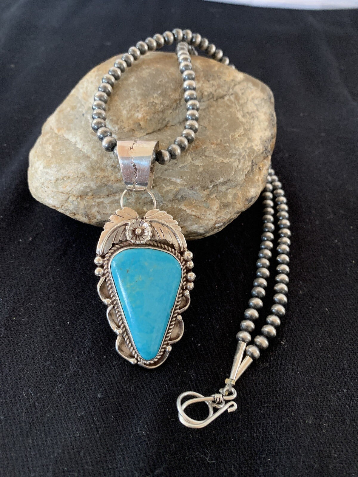 Blue Kingman Turquoise Pendant Navajo Pearls Sterling Silver Necklace 20" 00392