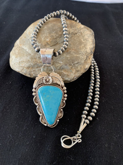Blue Kingman Turquoise Pendant Navajo Pearls Sterling Silver Necklace 20" 00392