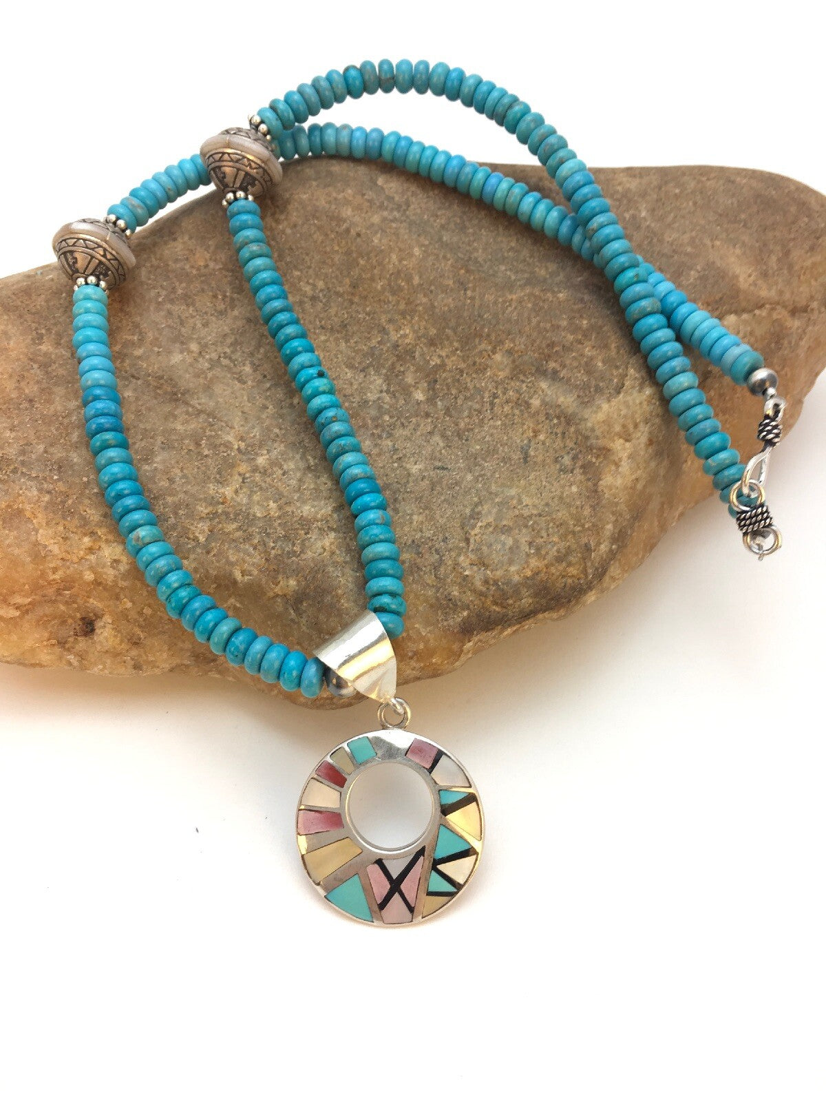 Blue Turquoise Mother Of Pearl Inlay Pendant Sterling Silver Necklace 08902