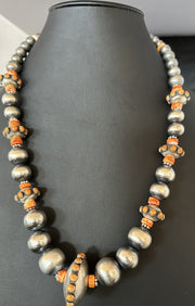 Orange Spiny Oyster Navajo Pearls Graduated Necklace 23" | Sterling Silver | Authentic Native American Handmade | 19446