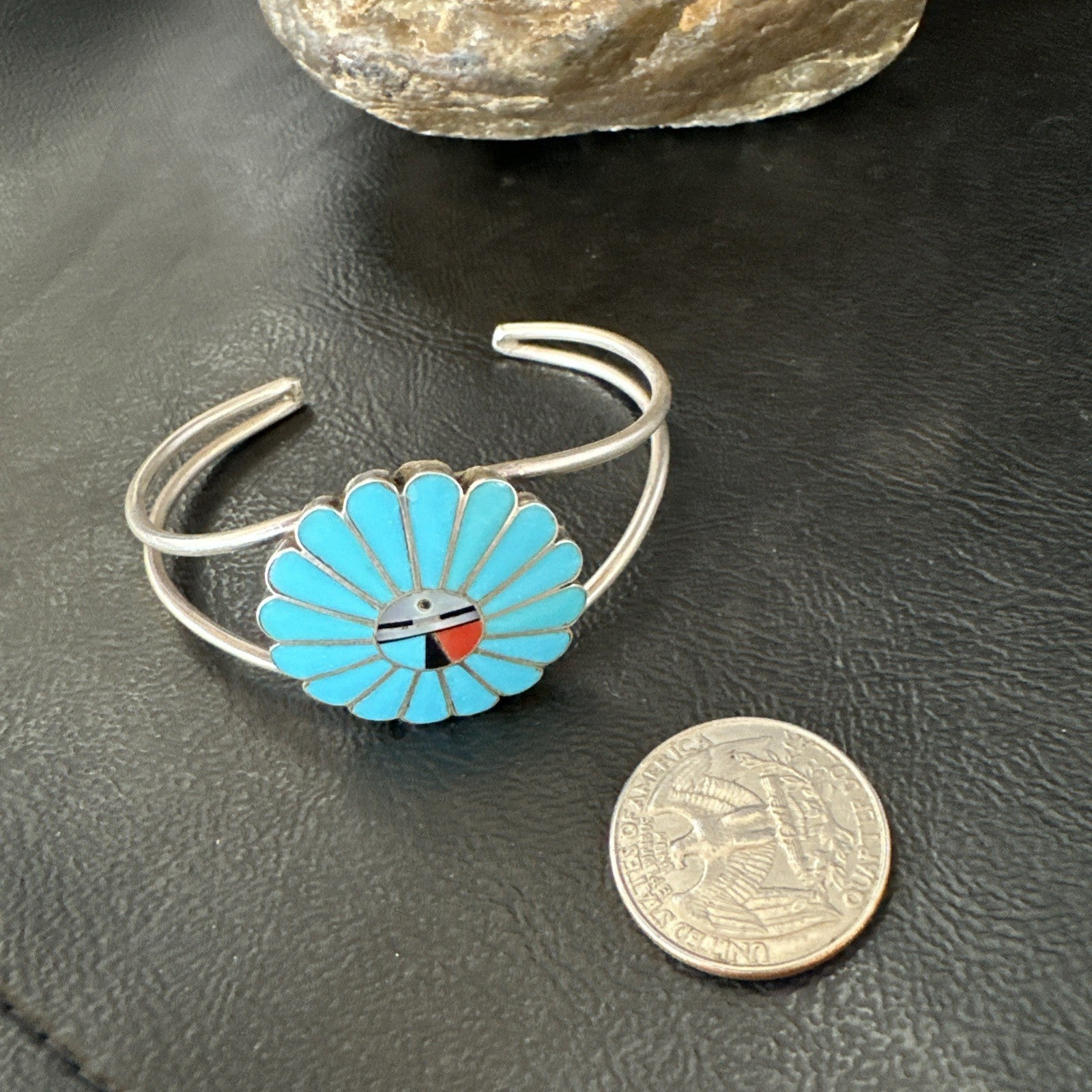 Old Pawn Sunface Turquoise Zuni Sterling Silver Onyx Bracelet 6.5” 19129
