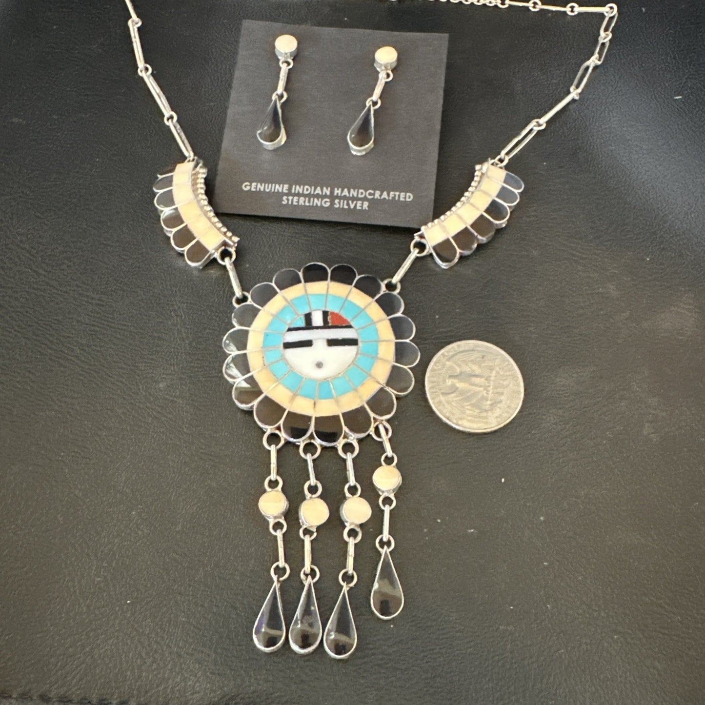 Sunface Spiny Onyx Turquoise Zuni Sterling Silver Necklace 18" Earrings 19115