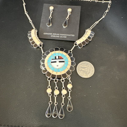 Sunface Spiny Onyx Turquoise Zuni Sterling Silver Necklace 18" Earrings 19115