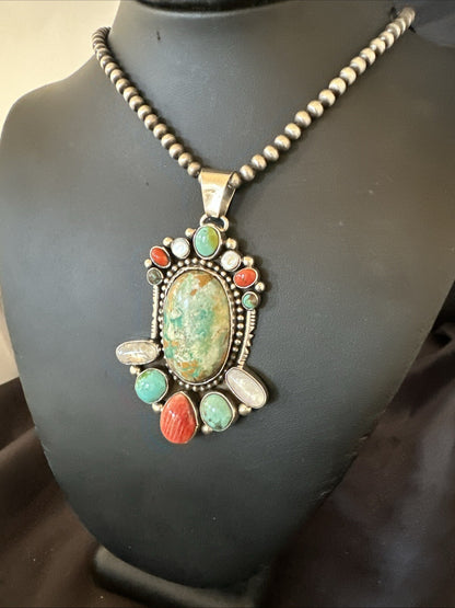 XL Royston Turquoise Spiny Cluster Pendant Navajo Sterling Silver Necklace 18750