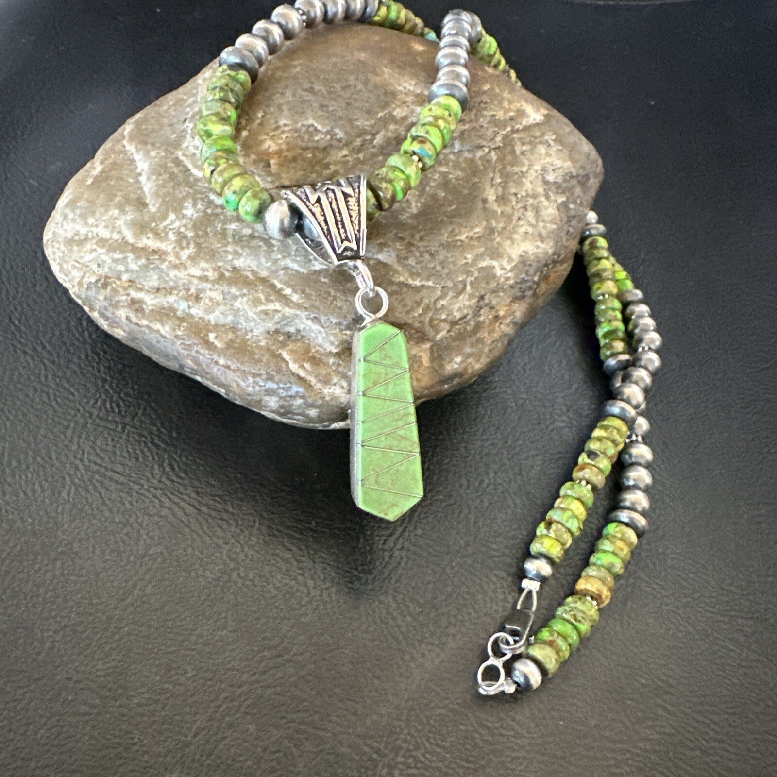 Womens Green Gaspeite Turquoise Pendant Navajo Sterling Silver Necklace 18372