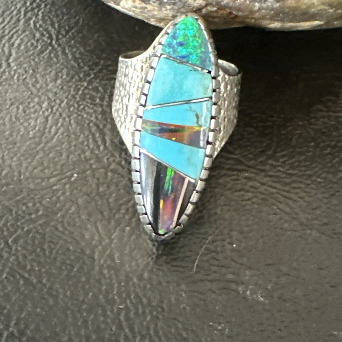 Men Navajo Multi-Color Opal Turquoise Inlay Sterling Silver Ring Size 6 18756