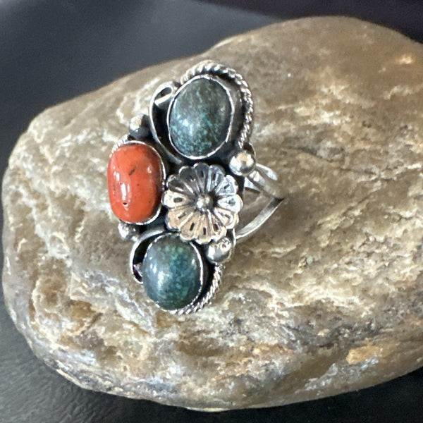 Multicolor Ring Turquoise Coral Navajo Cluster Size 8 | Sterling Silver | Authentic Native American Handmade | 19191