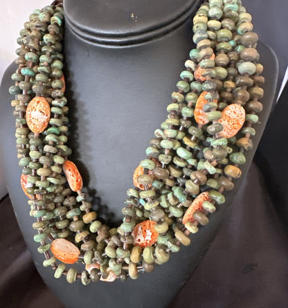 Navajo Green Turquoise 10S Sterling Silver Orange Spiny Shell Necklace 19" 18478