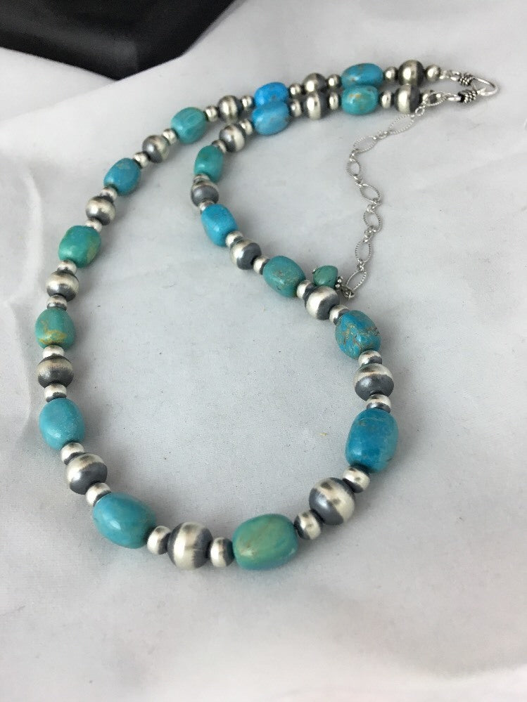 Native American Sterling Silver Blue Green Turquoise Necklace 18" 10096
