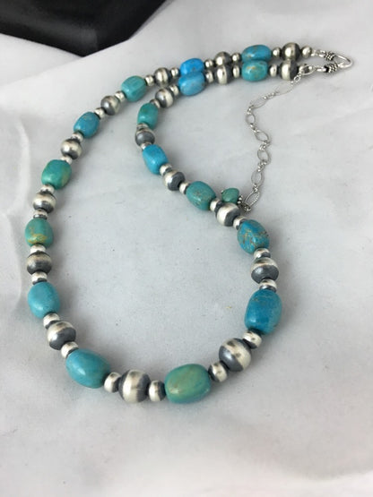 Native American Sterling Silver Blue Green Turquoise Necklace 18" 10096