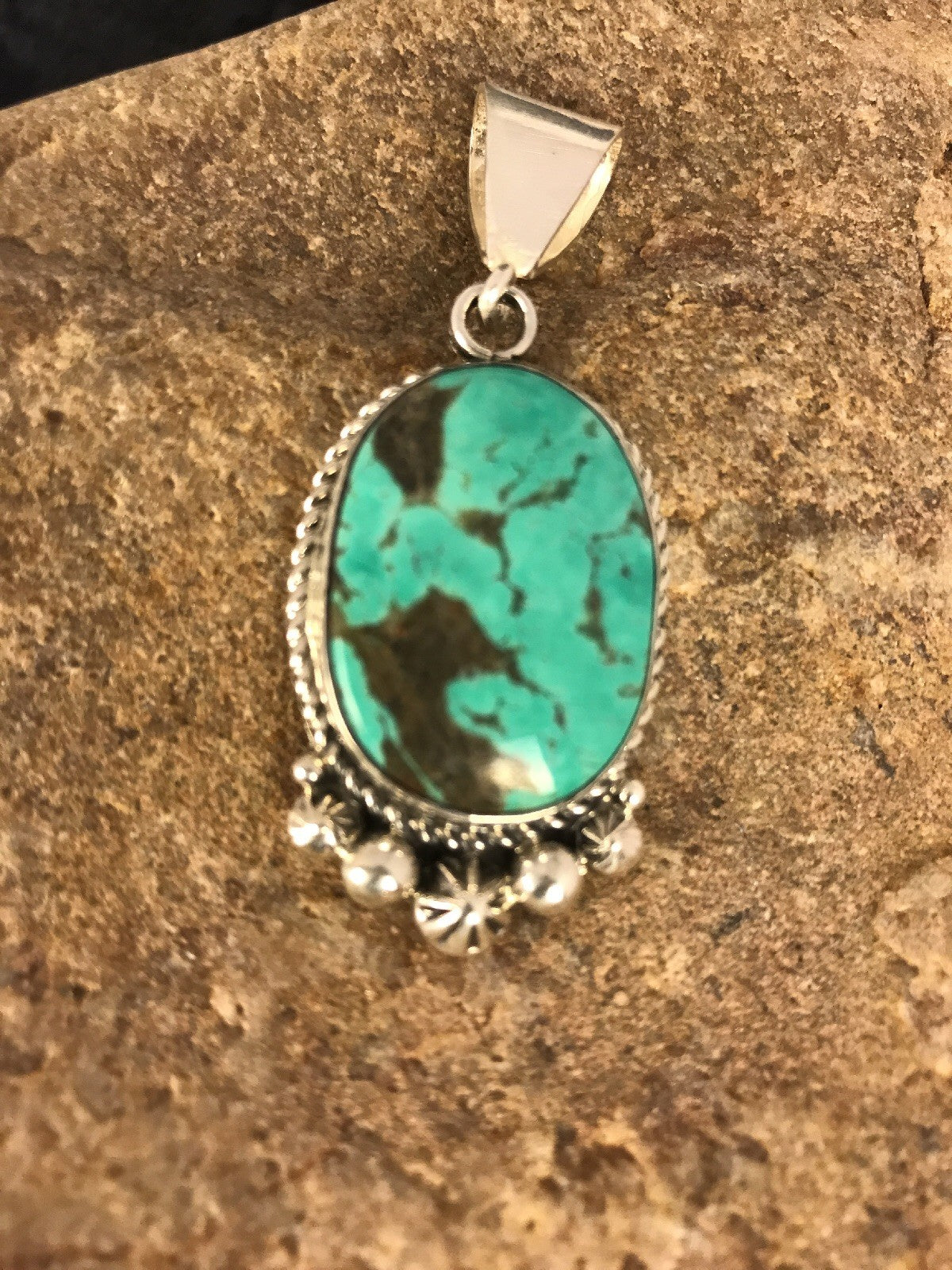 Green Turquoise Navajo Sterling Silver Pendant 03382