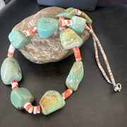 Navajo Green Turquoise Red Spiny Oyster Necklace 23" | Sterling Silver | Authentic Native American Handmade | 19717