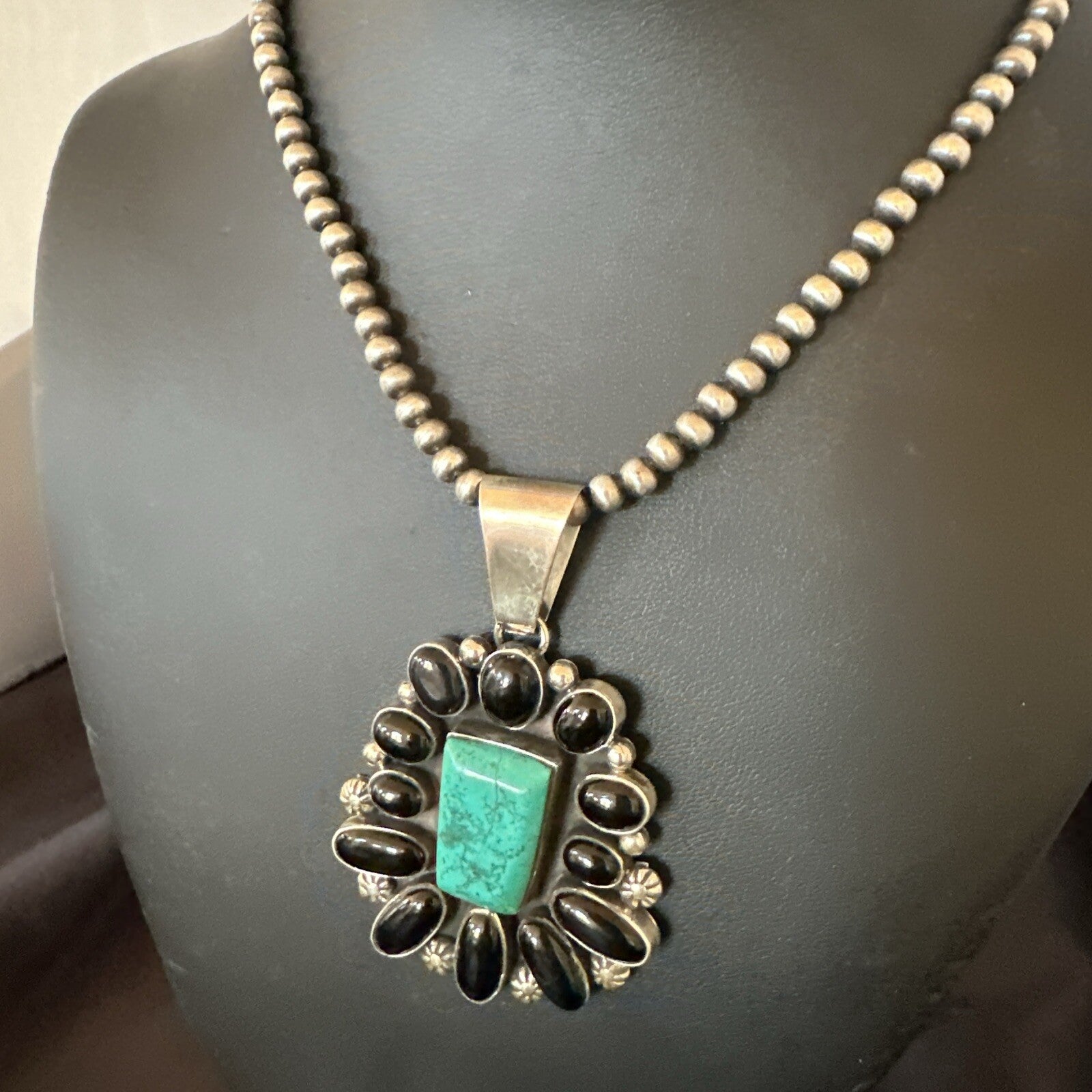 Womens Black Onyx Blue Turquoise Pendant Navajo Sterling Silver Necklace 18401
