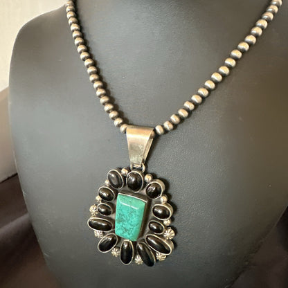 Womens Black Onyx Blue Turquoise Pendant Navajo Sterling Silver Necklace 18401