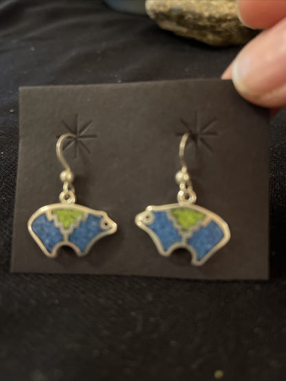 Blue Lapis & Green Turquoise Sterling Silver Bear Inlay Earrings 0.25" 01510