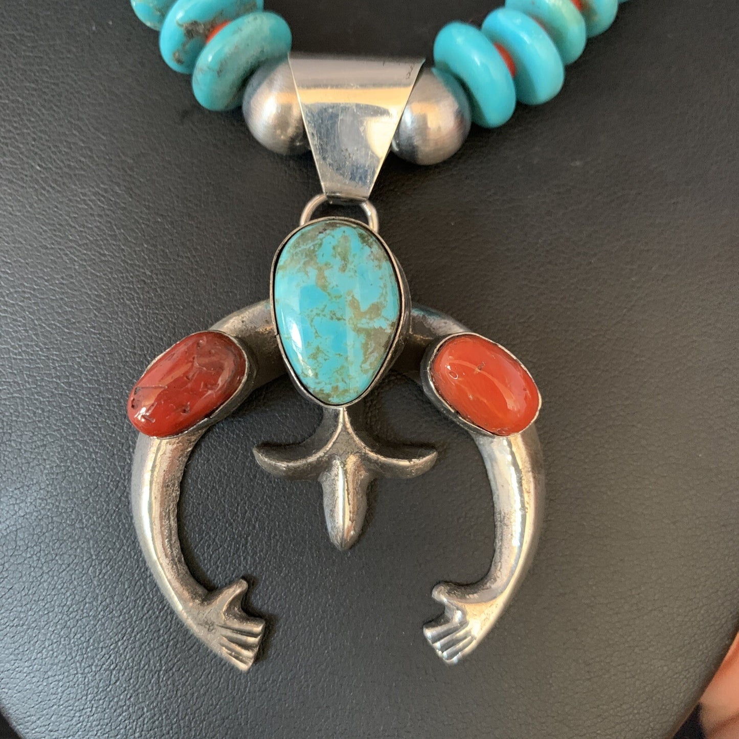 Royston Navajo Sterling Silver Blue Turquoise Coral Necklace Naja Pendant 13745