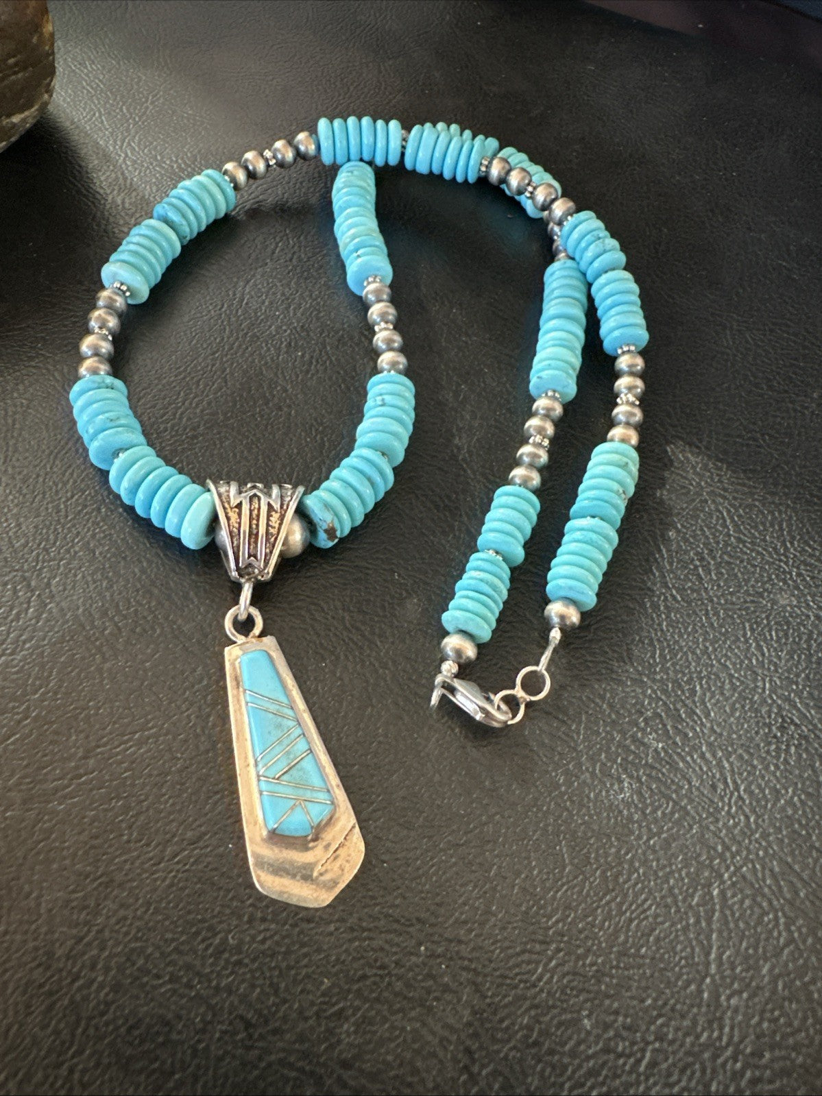 Blue Turquoise Inlay Pendant Navajo Sterling Silver Necklace 20" 19677