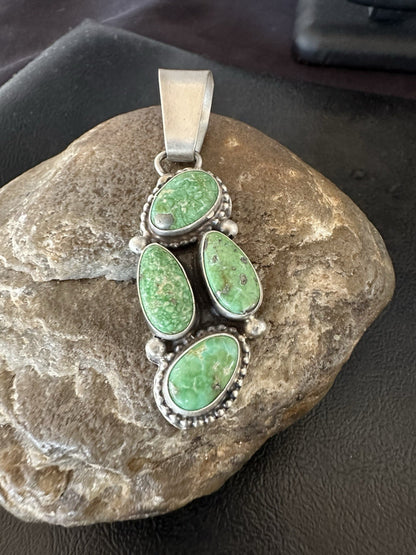 Green Sonoran Gold Turquoise Navajo Sterling Silver 925 Cluster Pendant 19401