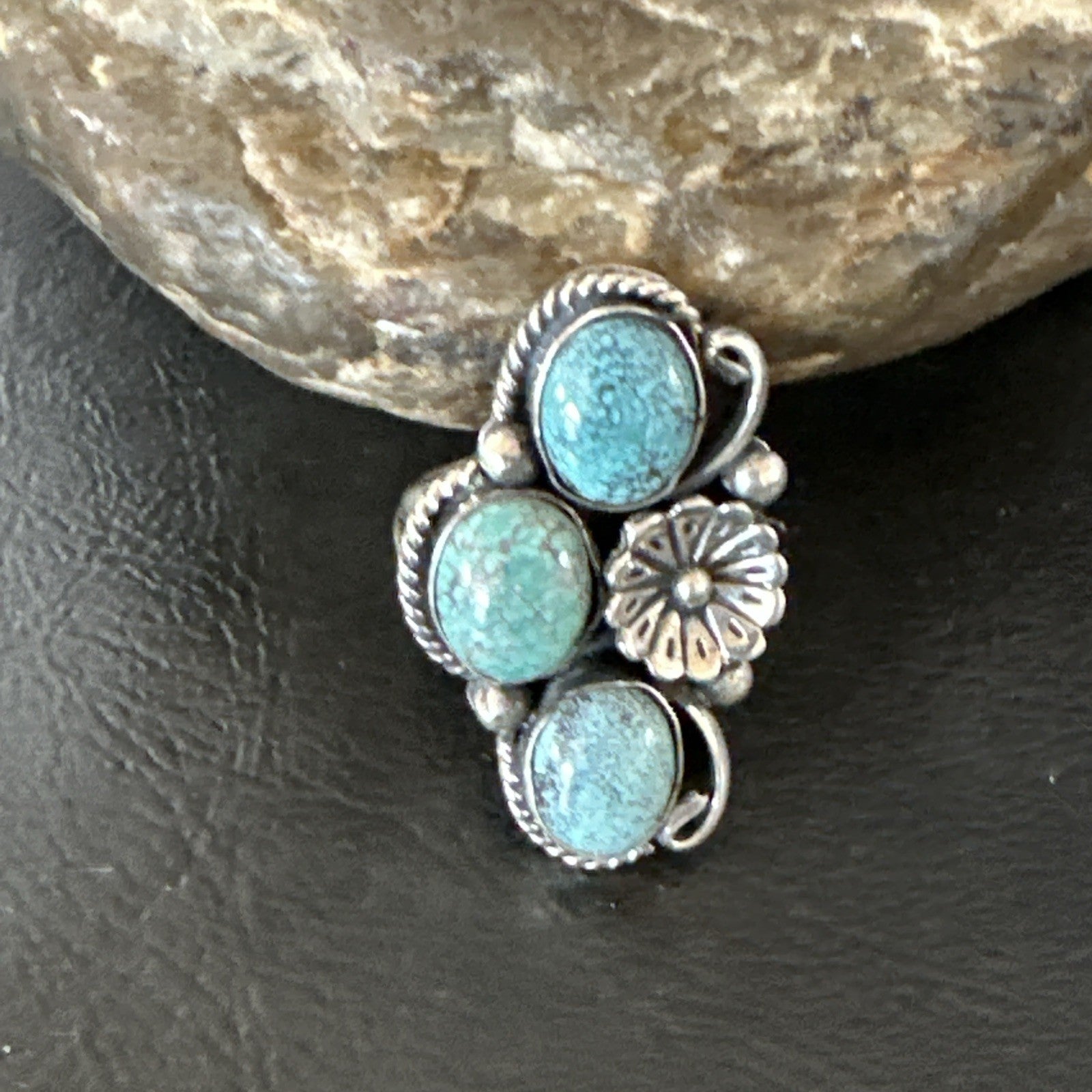 Yazzie Ring Blue Turquoise Navajo Sterling Silver Cluster Size 7 19240