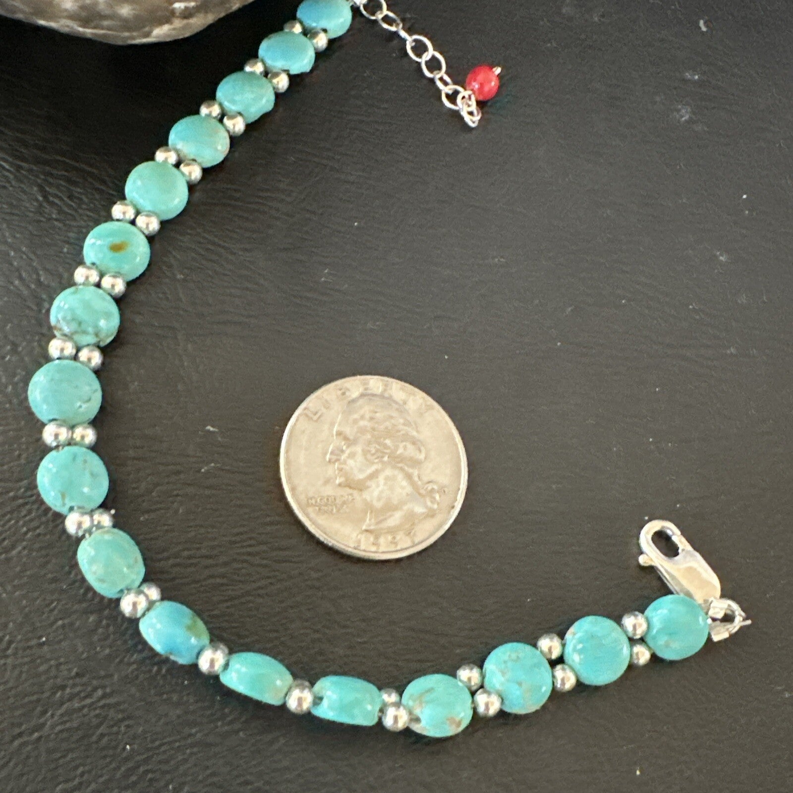 Womens Blue Turquoise Bead Southwestern Sterling Silver Link Bracelet 8" 17976