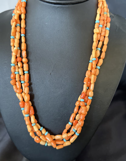 Native Turquoise Orange Coral Sterling Silver 4 Strand Necklace 21" 17820