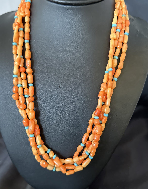 Turquoise Orange Coral 4 Strand Necklace 21" | Sterling Silver | Authentic Native American Handmade | 17820